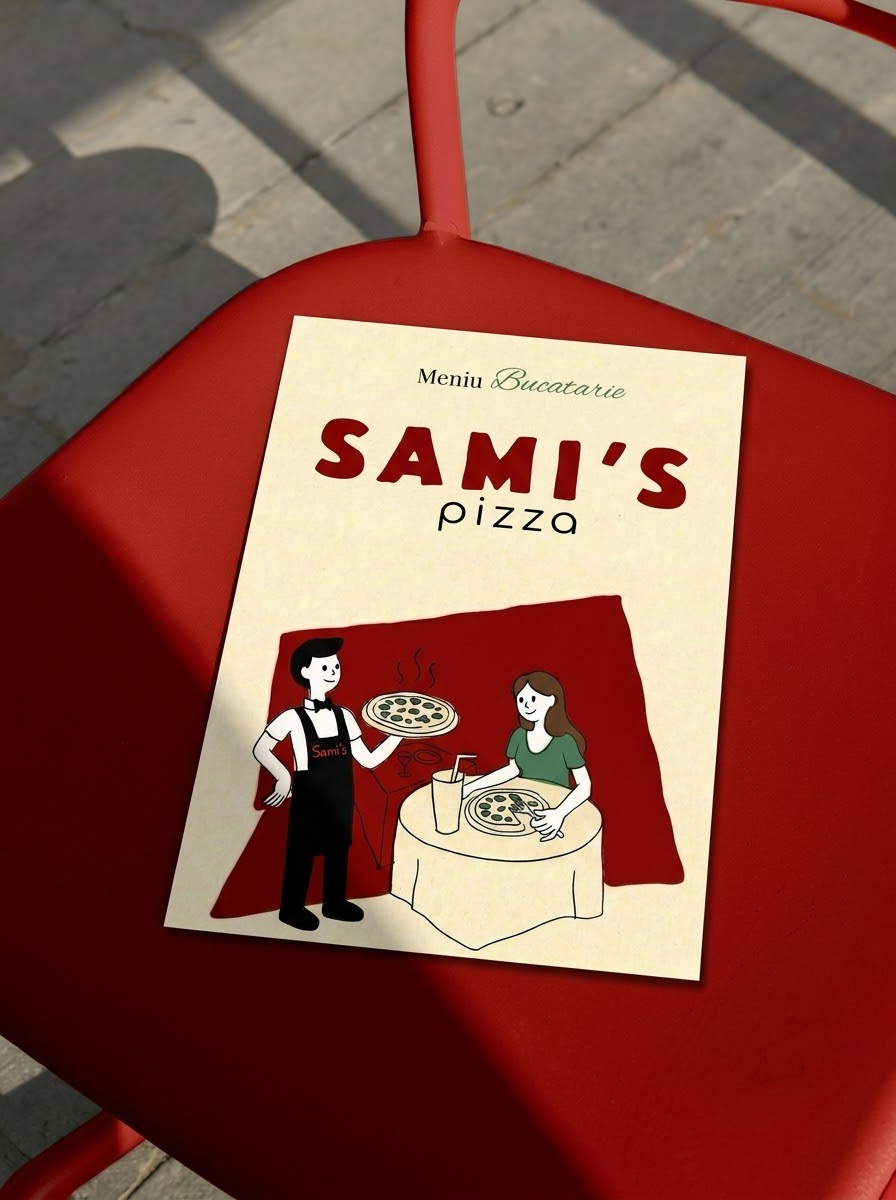 Meniu printat Sami's Pizza, bucătărie și bar